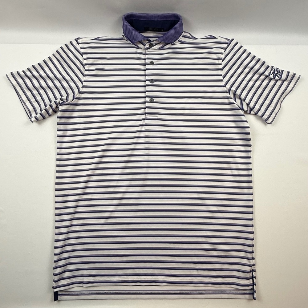 Greyson Mens Striped Golf Polo Shirt Purple White Size M RN155950 Short Sleeve